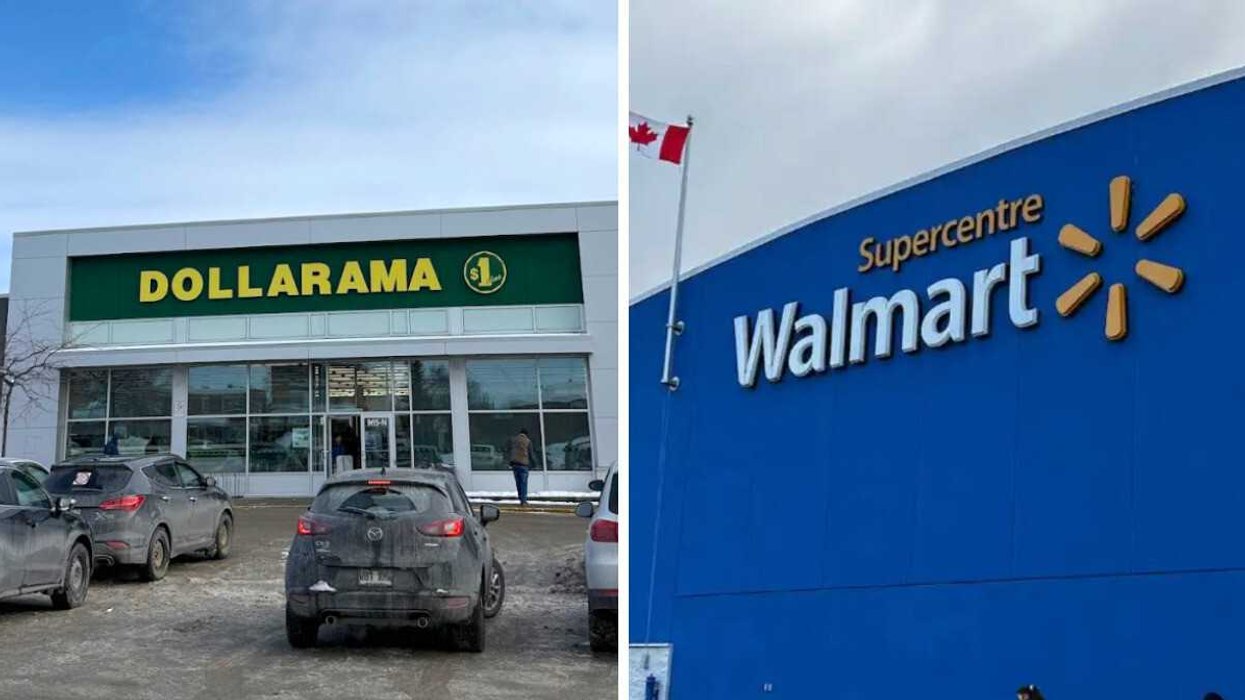 Devanture du Dollarama. Droite : Devanture du Walmart.