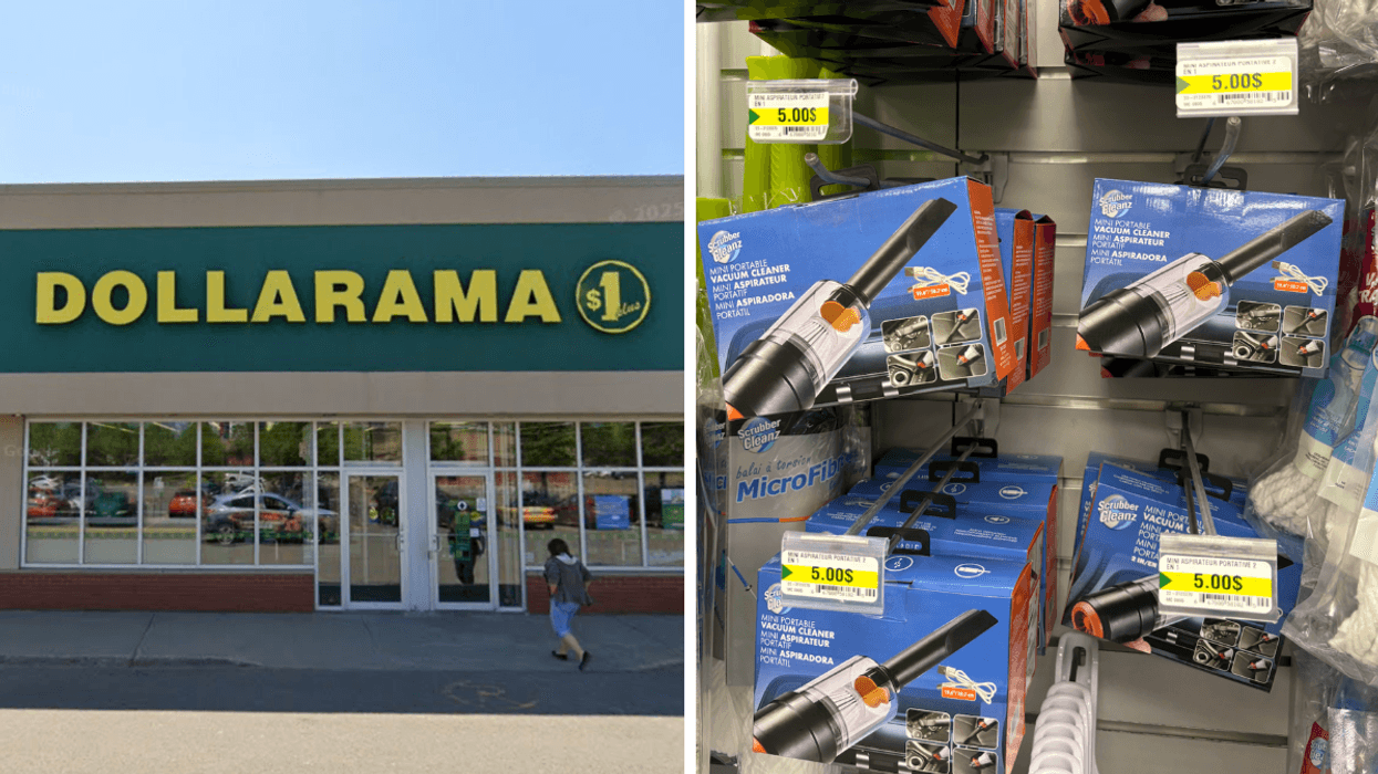 Devanture du Dollarama. Droite : mini aspirateur portatif sur les étagères du Dollarama.