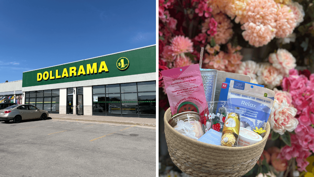 Devanture du Dollarama. Droite : panier avec articles du Dollarama devant un mur de fleurs.