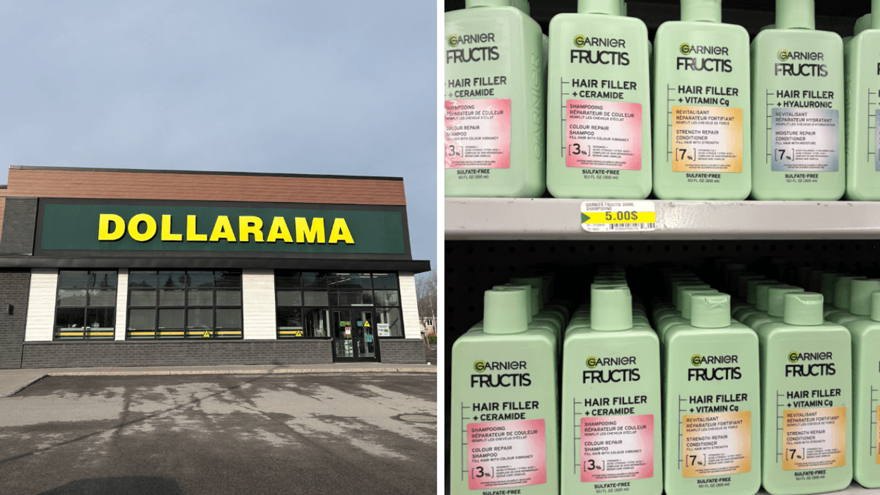 Devanture du Dollarama. Droite : shampooings de la marque Garnier Fructis sur les tablettes du Dollarama.
