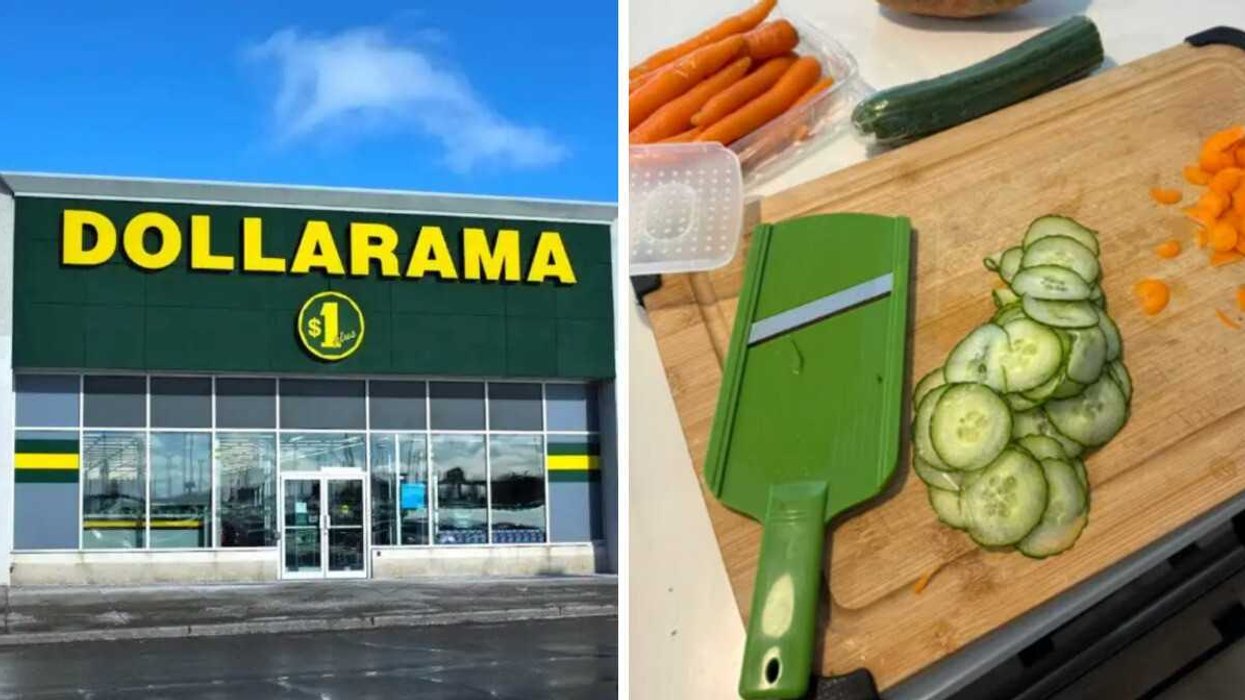 Devanture du Dollarama. Droite : Trancheur avec poignée de sécurité vendu au Dollarama.