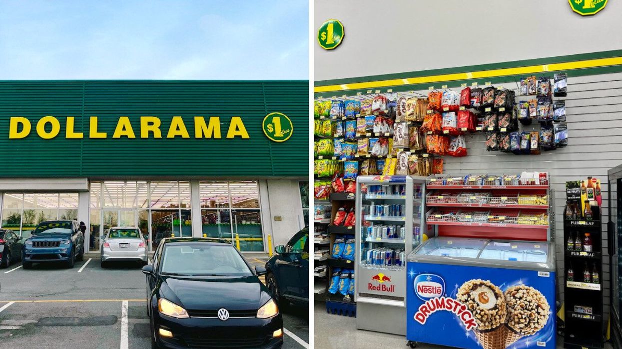 Devanture du Dollarama. Droite : Un congélateur de crème glacée au Dollarama.