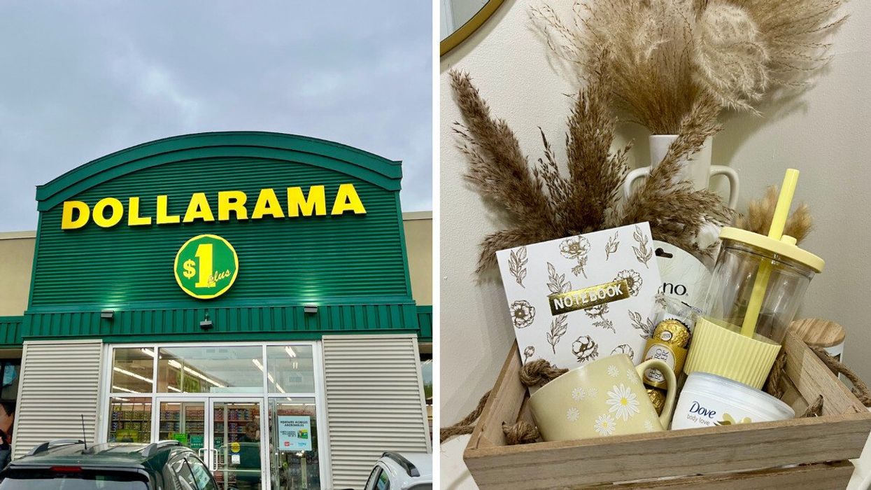 Devanture du Dollarama. Droite : Un panier cadeau rempli d'items du Dollarama.
