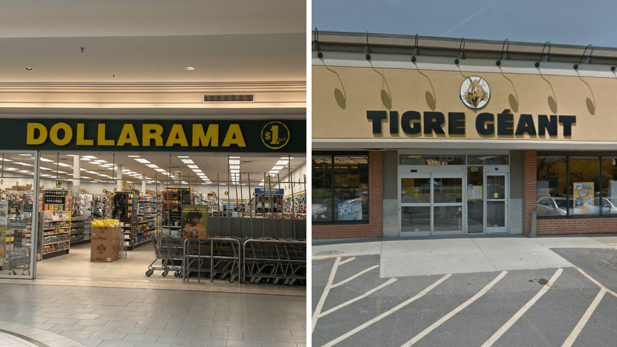 Devanture du Dollarama, qui vend maintenant de la nourriture. Droite : Devanture du Tigre Géant.