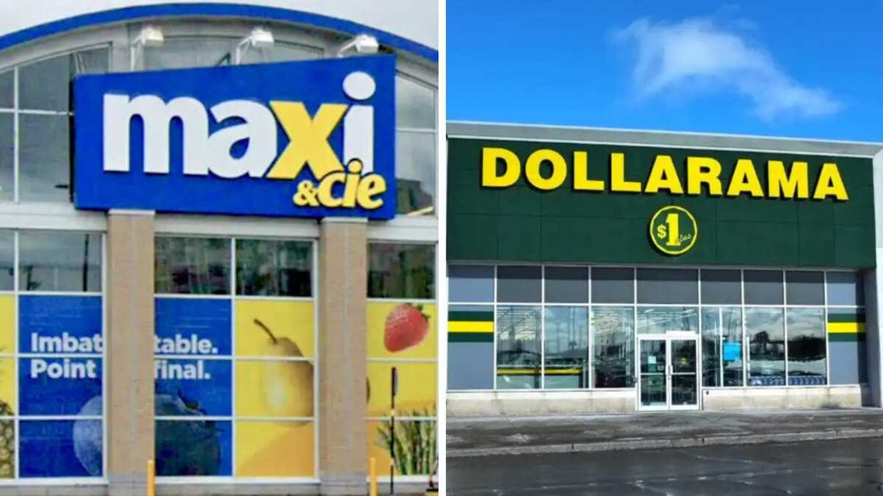 Devanture du Maxi. Droite : Devanture du Dollarama.