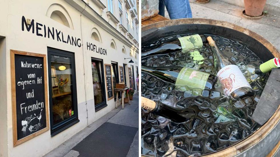 Devanture du Meinklang Hofladen. Droite : Vins Meinklang.