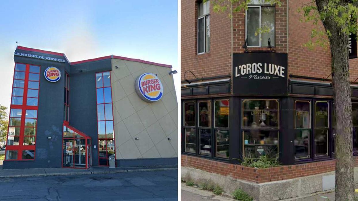 Devanture du restaurant Burger King à Montréal. Droite : Devanture du Gros Luxe Plateau à Montréal.