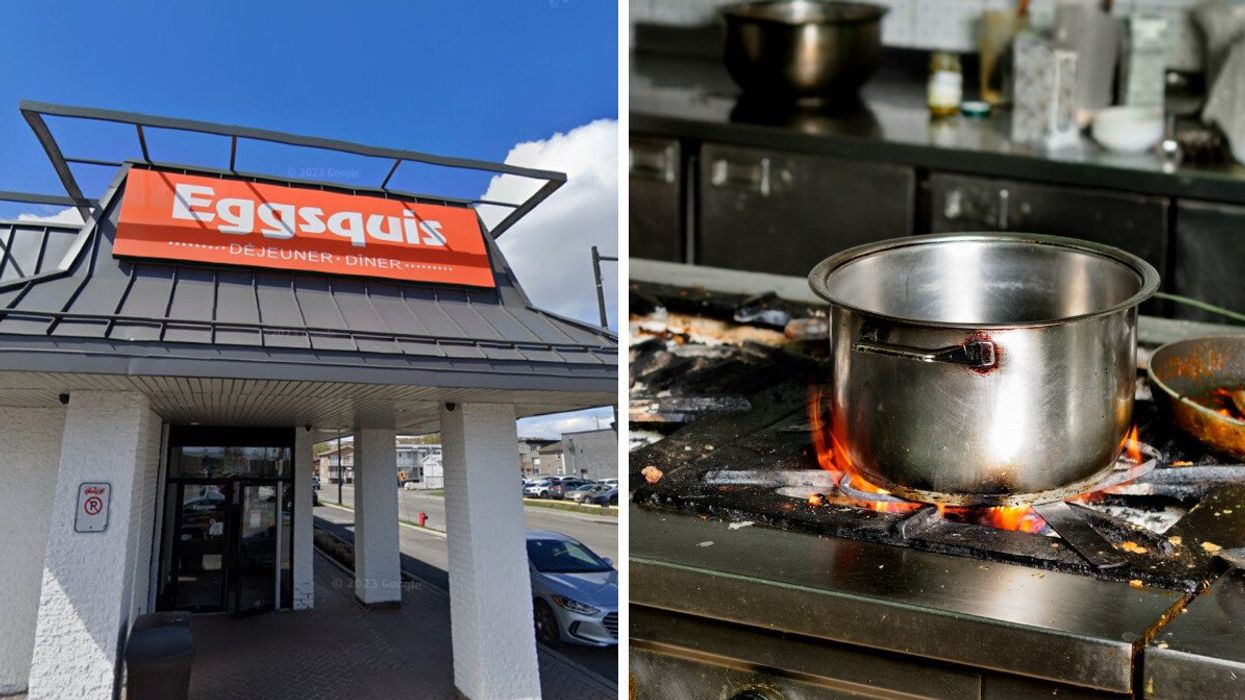 Devanture du restaurant Eggsquis - Déjeuner, Diner lors d'une journée d'été. Droite : Un chaudron sur un feu qui ne semble pas propre.