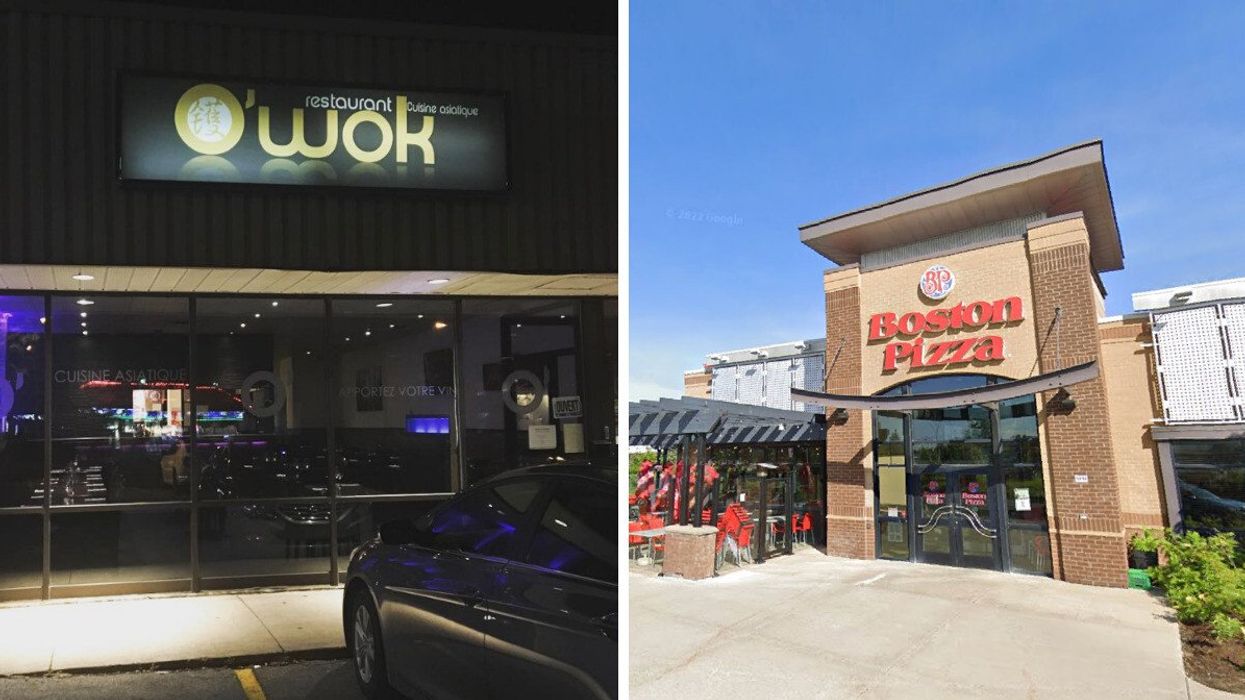 Devanture du restaurant O'Wok, à Longueuil. Droite : Devanture du restaurant Boston Pizza St-Bruno à Saint-Bruno-de-Montarville.