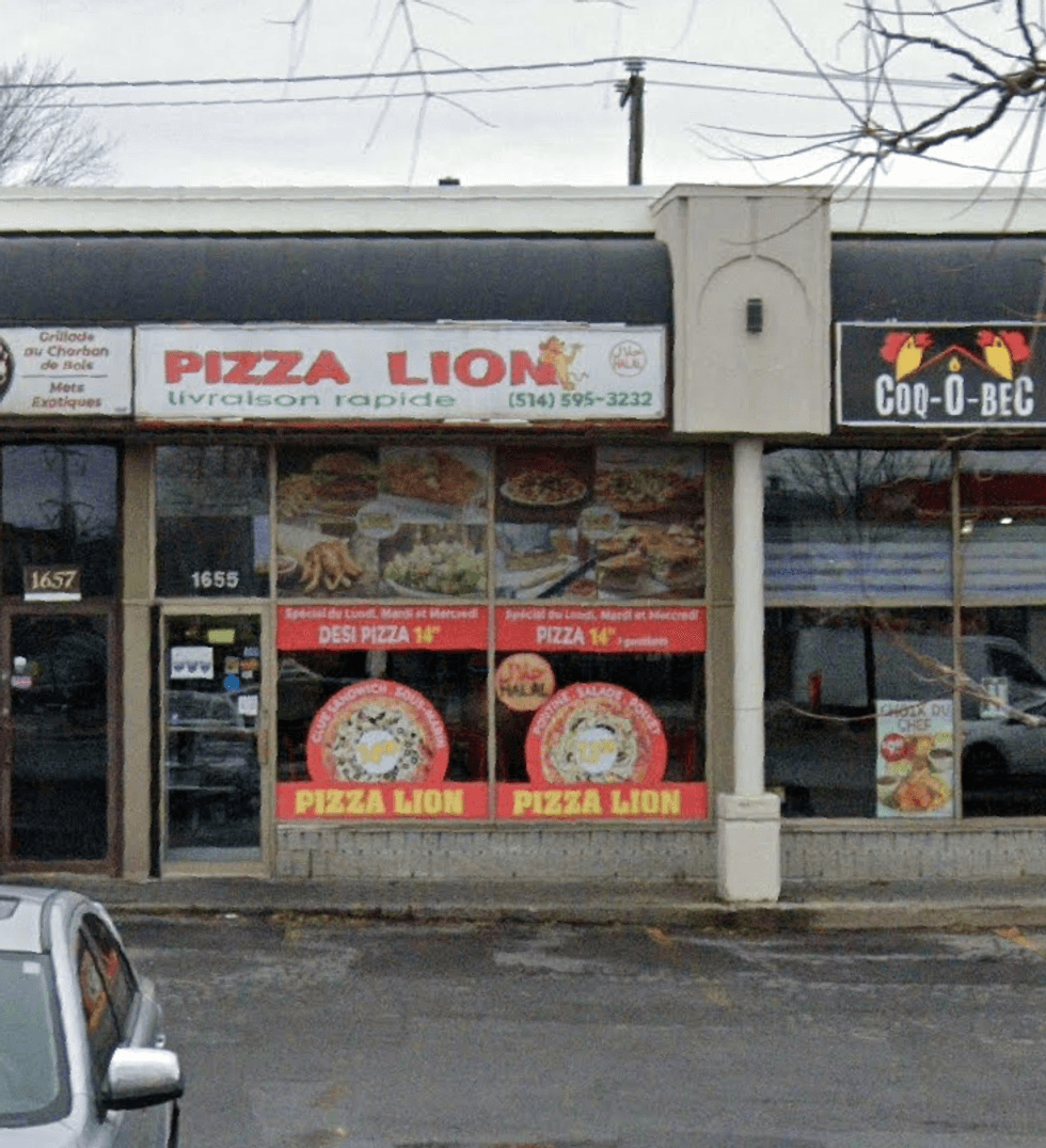 Devanture du restaurant Pizza Lion \u00e0 Montr\u00e9al.