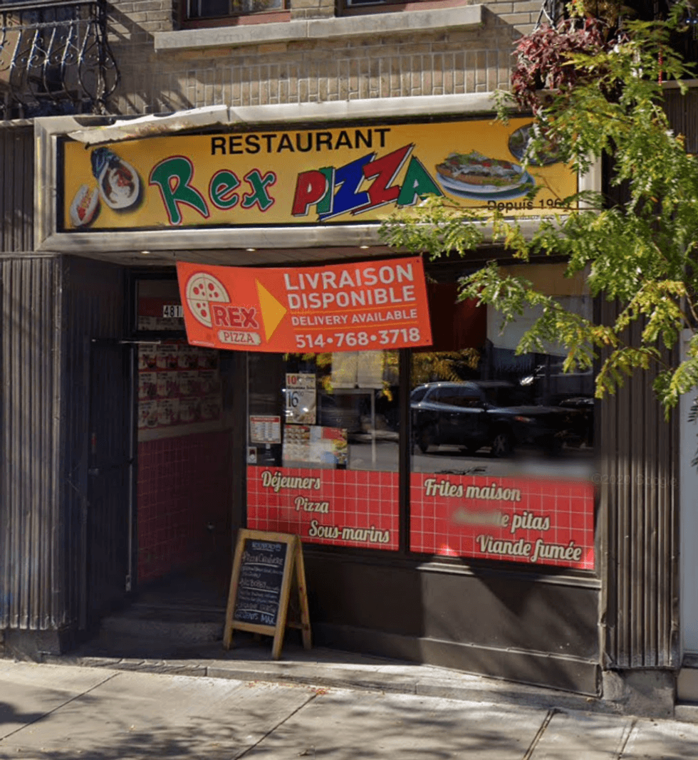 Devanture du restaurant Rex Pizza \u00e0 Montr\u00e9al.