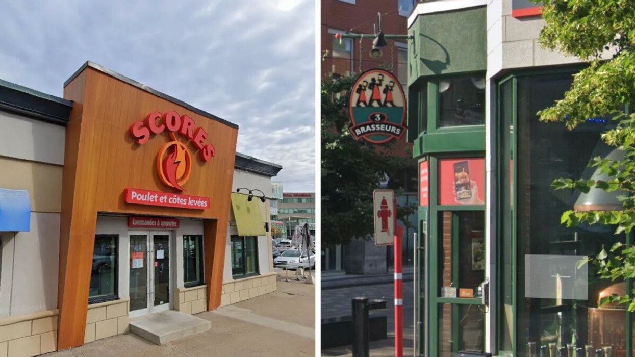 Devanture du restaurant Scores à Montréal. Droite : Devanture du restaurant Les 3 Brasseurs.