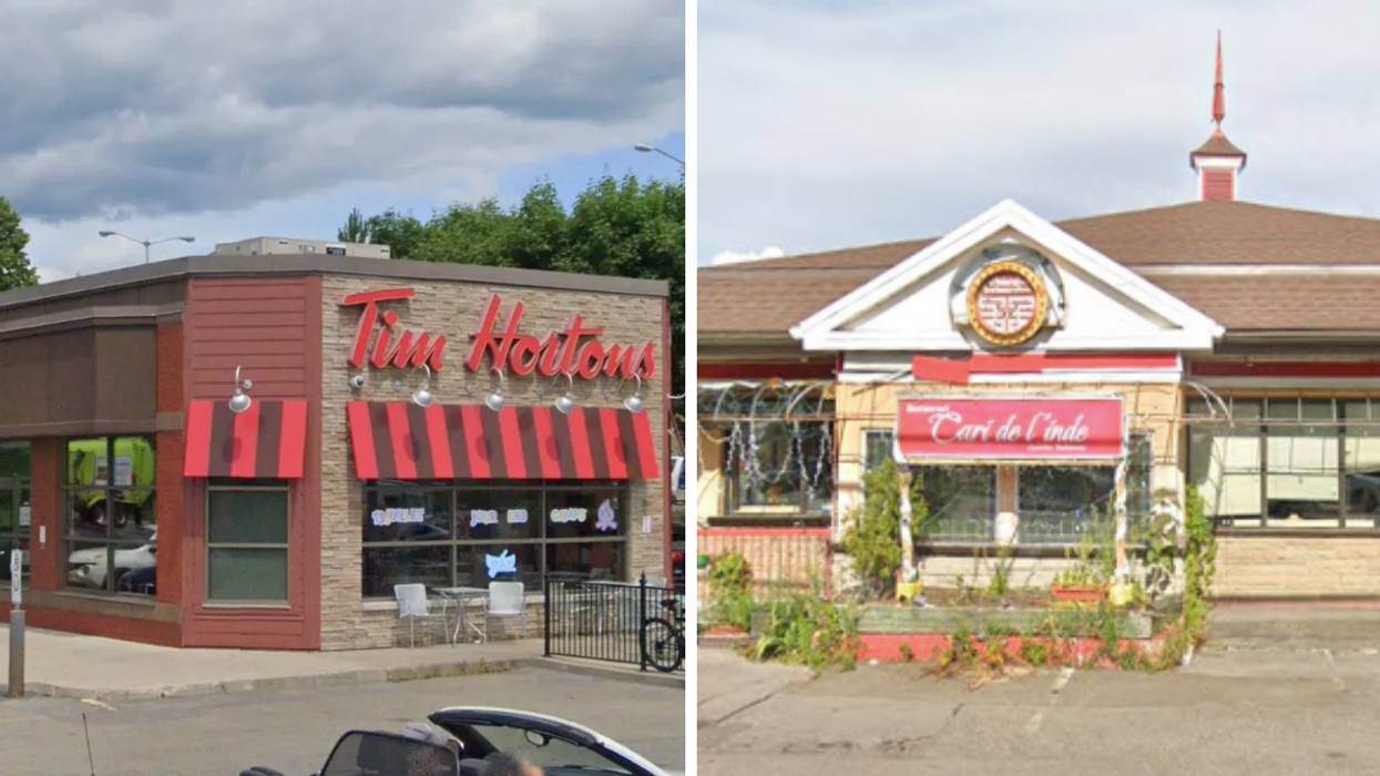 Devanture du Tim Hortons boulevard de l'Ormière. Droite : devanture du Cari de l'Inde.