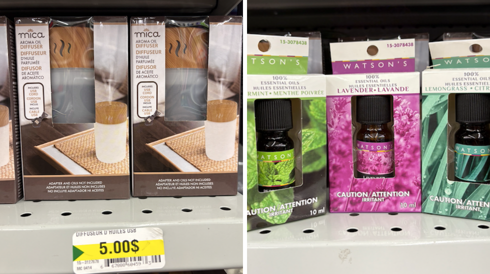 Diffuseur d'huile parfum\u00e9e. Droite : Huiles essentielles.