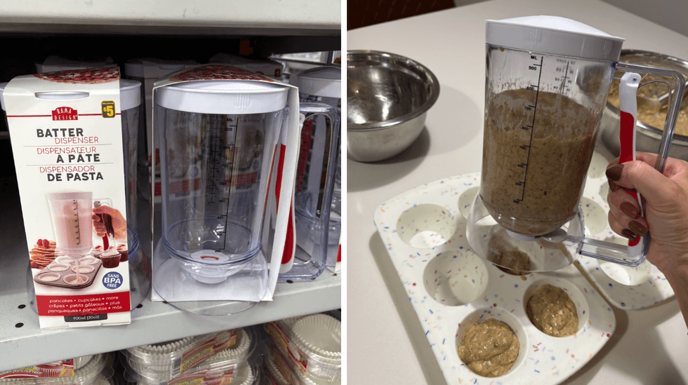 Dispensateur \u00e0 p\u00e2te sur les tablettes du Dollarama. Droite : dispensateur \u00e0 p\u00e2te avec moules \u00e0 muffins dans une cuisine.