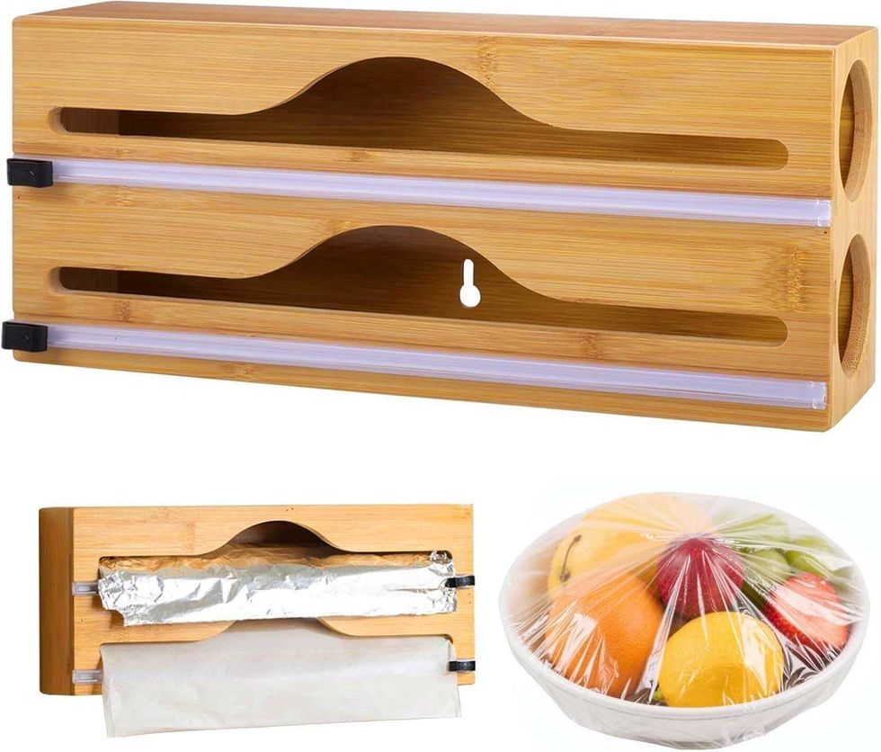 Distributeur mural en bambou pour film alimentaire vendu sur Amazon