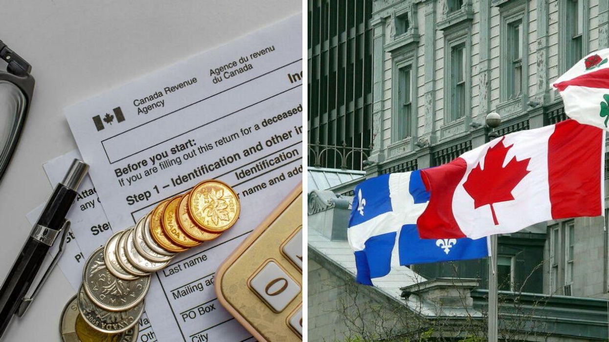 Documents d'impôts au Canada. Droite : Drapeaux canadiens.