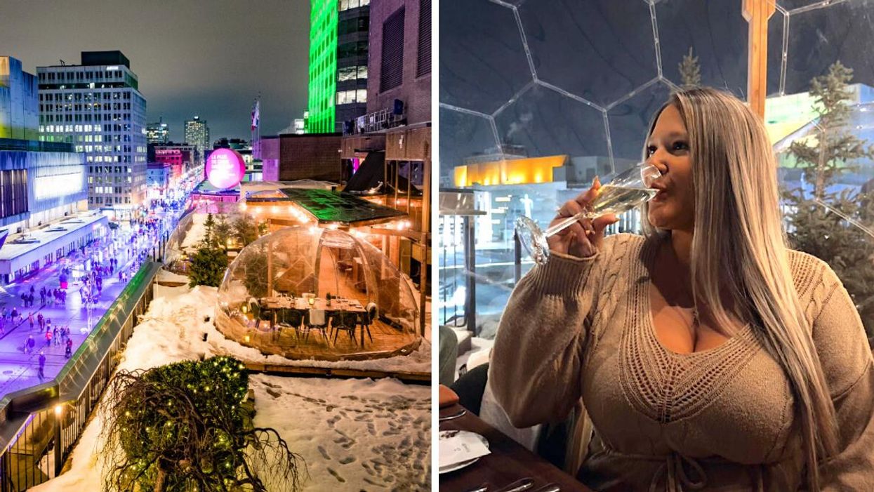 Dômes du Bivouac. Droite : Izabelle Bee de Narcity Québec aux Refuges du Bivouac.