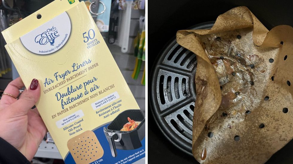 Doublure pour friteuse \u00e0 air. Droite : Une doublure pour friteuse \u00e0 air qui est toute crisp\u00e9e apr\u00e8s usage.