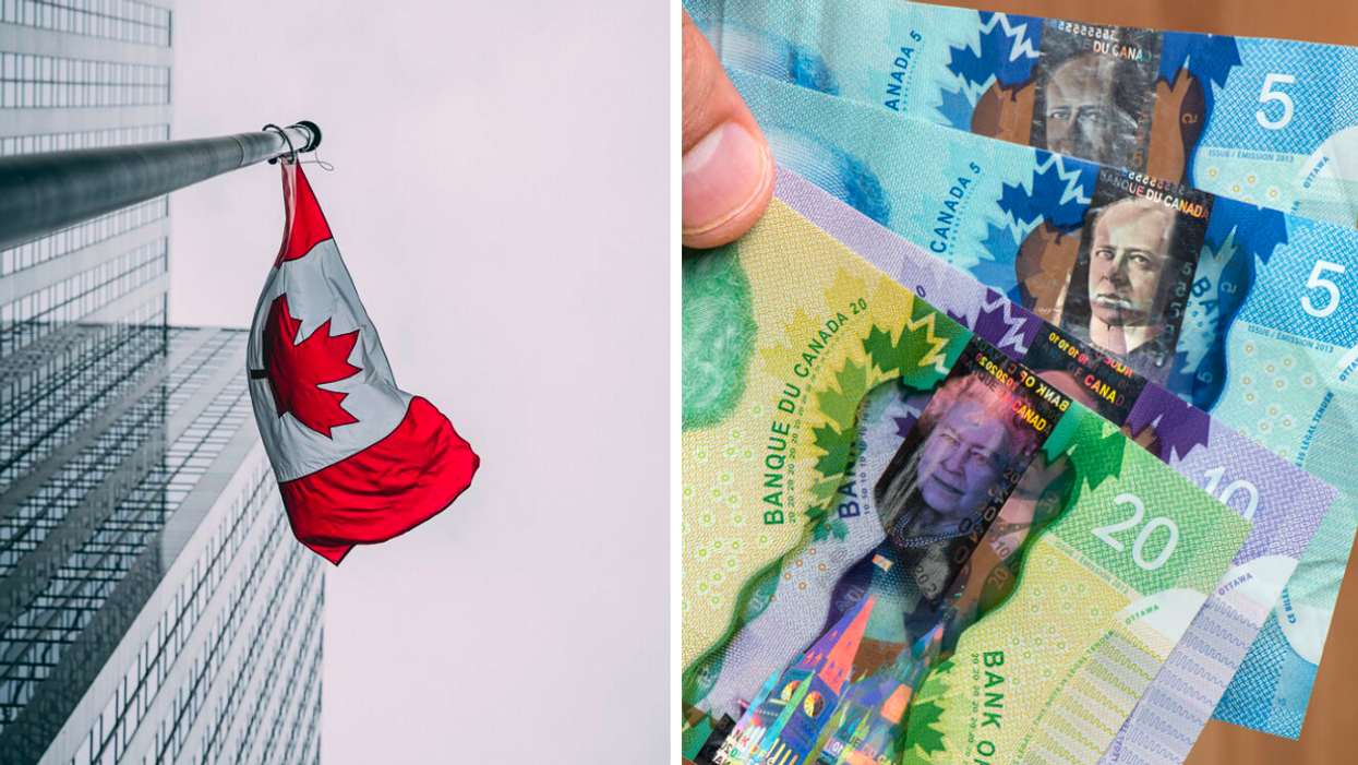 Drapeau du Canada. Droite : argent canadien.