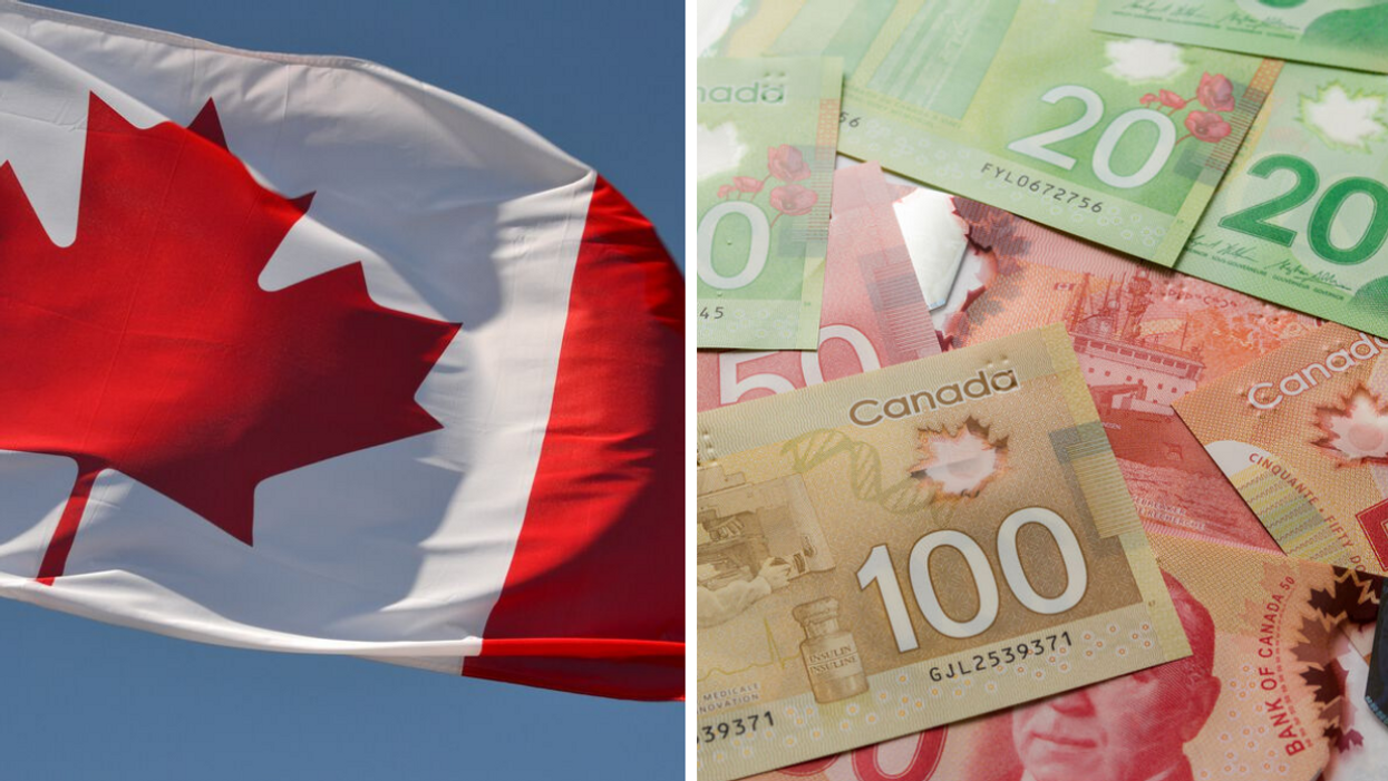 Drapeau du Canada. Droite : Argent canadien.