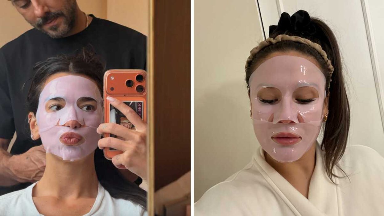 Dua Lipa porte le masque en gel de collagène rose PRDN de Medicube. Droite : Izabelle teste le masque en gel de collagène rose PRDN de Medicube.