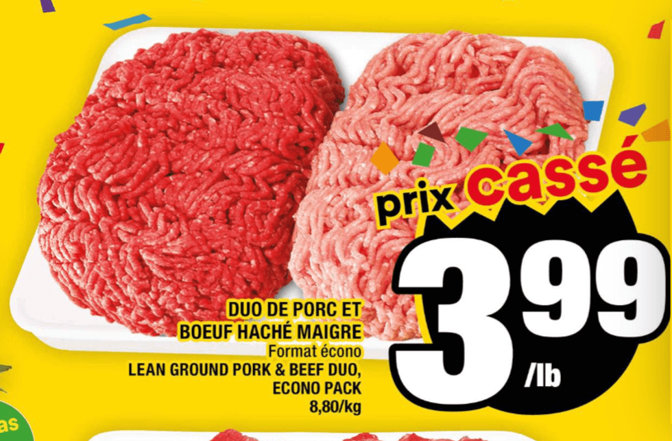 Duo de porc et b\u0153uf hach\u00e9s maigres en rabais dans la circulaire du Super C.
