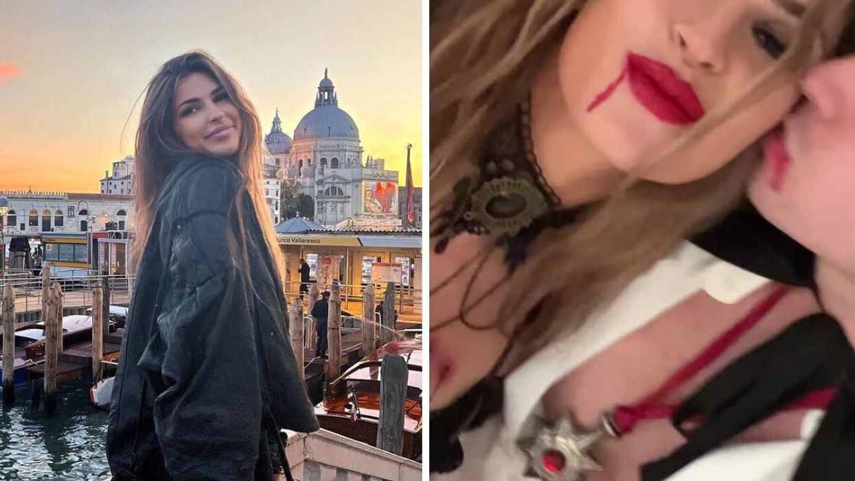 Élisabeth Rioux en Italie. Droite : Élisabeth Rioux et un homme.