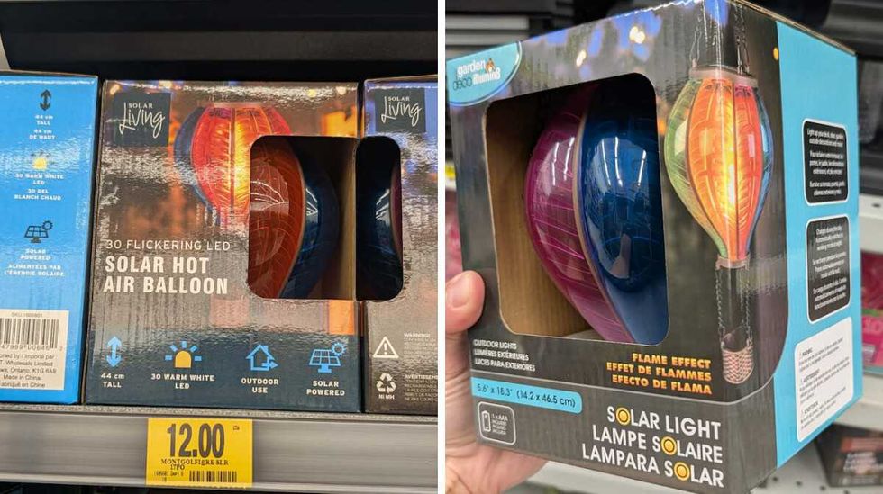 Emballage d'une lampe solaire d\u00e9corative en forme de montgolfi\u00e8re avec effet de flamme vacillante, vendue chez Tigre G\u00e9ant pour 12 $. Droite : Lampe solaire en forme de montgolfi\u00e8re tenue en main dans une succursale Dollarama.