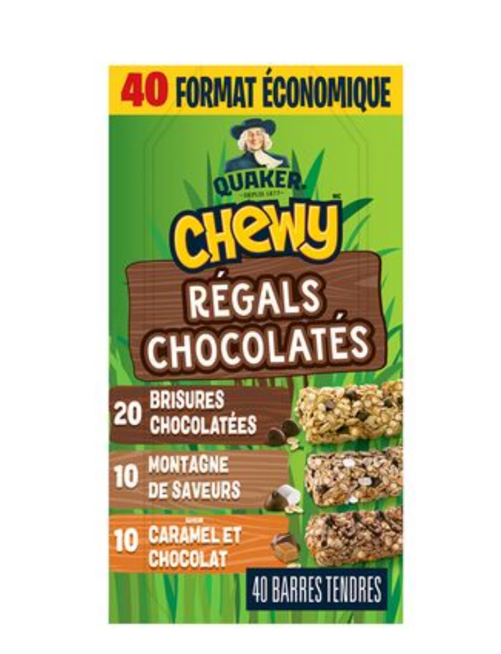 Emballage de 40 barres tendres Chewy de Quaker, m\u00e9lange R\u00e9gals chocolat\u00e9s (brisures chocolat\u00e9es, montagne de saveurs, caramel et chocolat).
