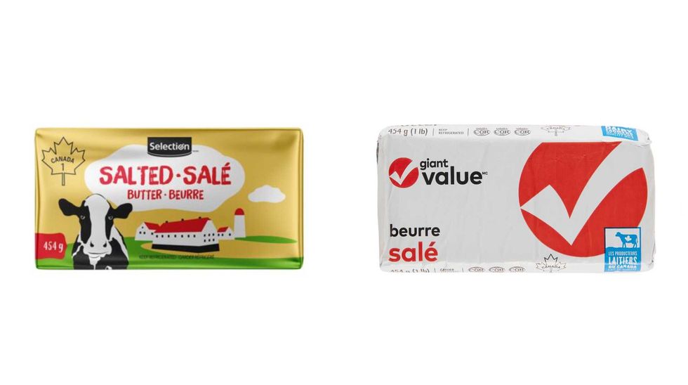 Emballage de beurre sal\u00e9 S\u00e9lection, format de 454 g. Droite : Emballage de beurre sal\u00e9 Giant Value, format de 454 g.