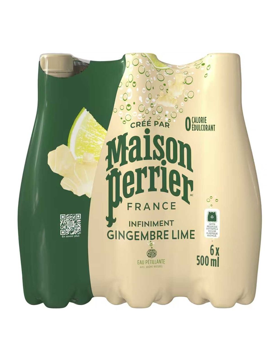 Emballage de bouteilles d'eau p\u00e9tillante infiniment gingembre lime de Maison Perrier.