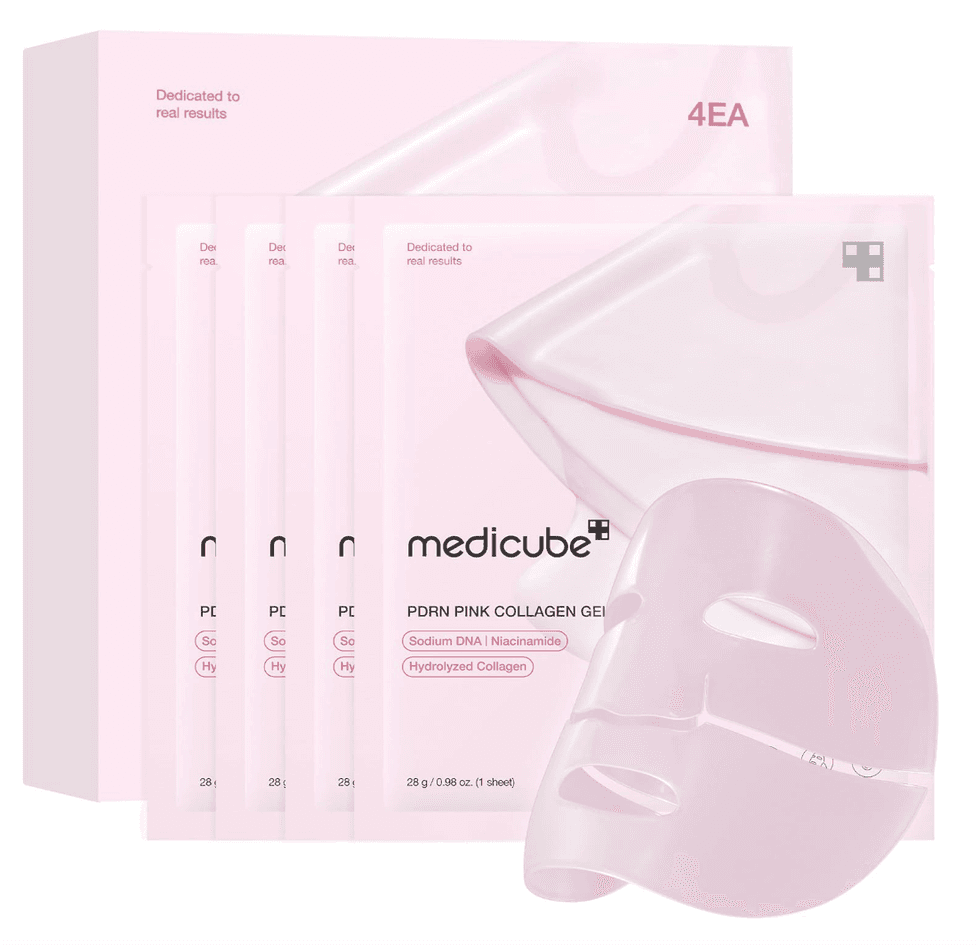 Emballage de masques en gel de collag\u00e8ne rose \u00e0 l'ADN de saumon medicube PDRN vendu sur Amazon.