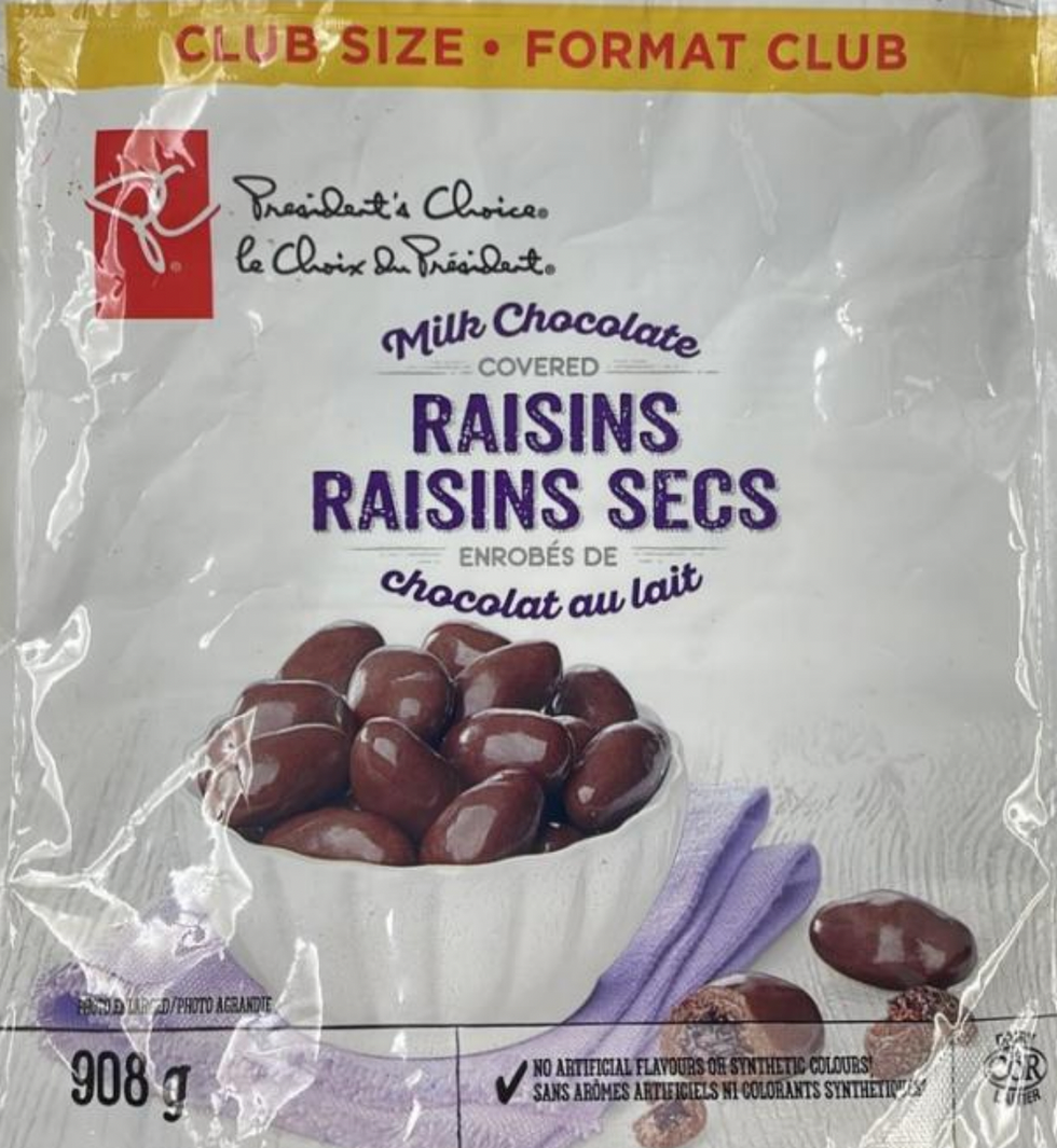 Emballage de raisins secs enrob\u00e9s de chocolat au lait de la marque Le Choix du Pr\u00e9sident.
