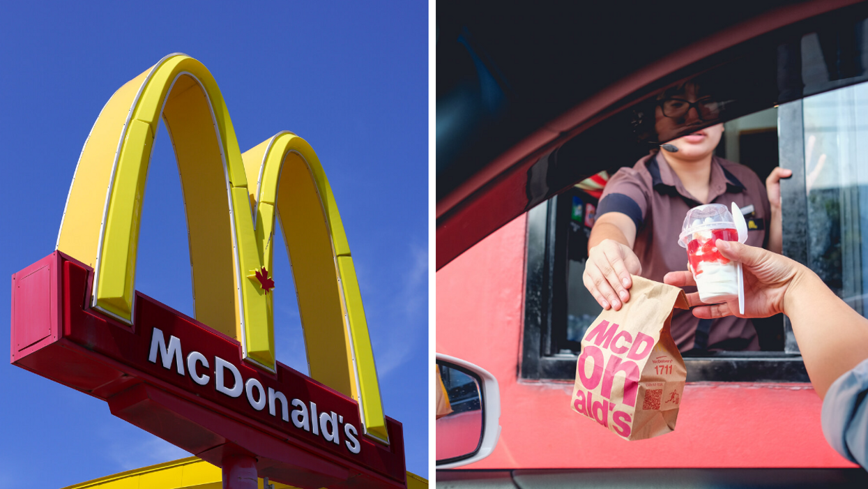 Emblème de McDonald's. Droite : Le service à l'auto chez McDonald's.