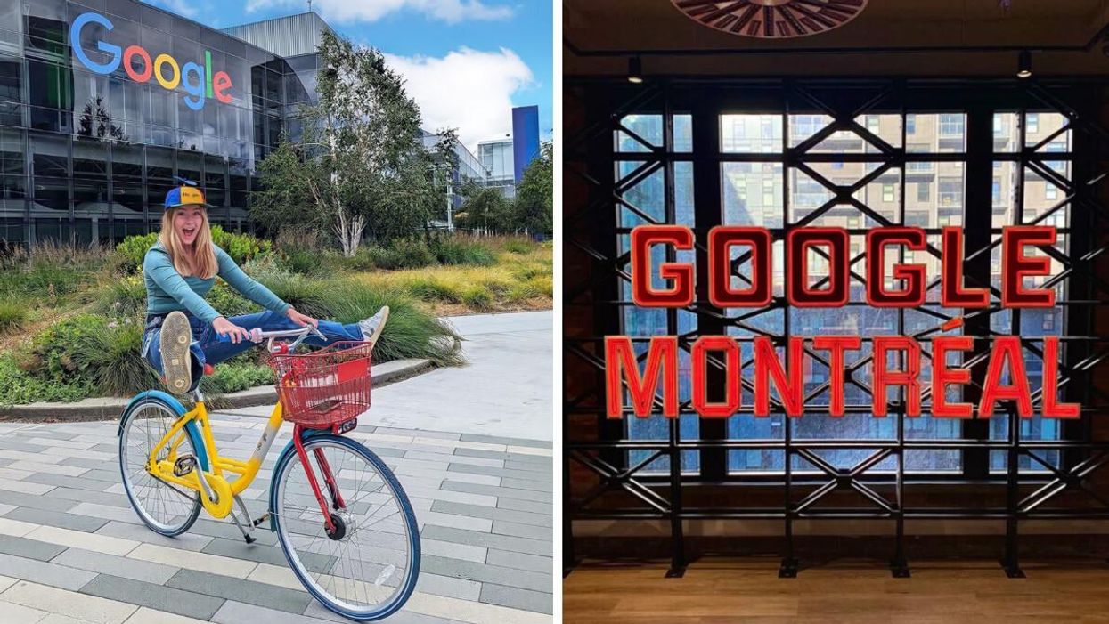 Employée Google. Droite : Enseigne de Google Montréal.
