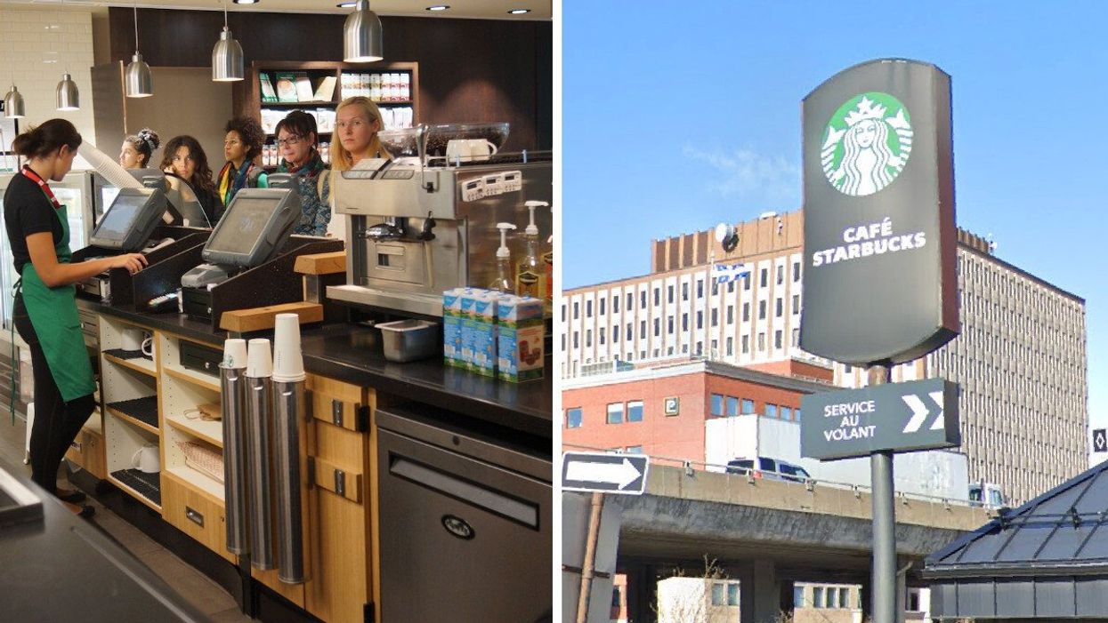 Employée Starbucks qui sert la clientè. Droite : Enseigne du Starbucks sur le boulevard Crémazie à Montréal.