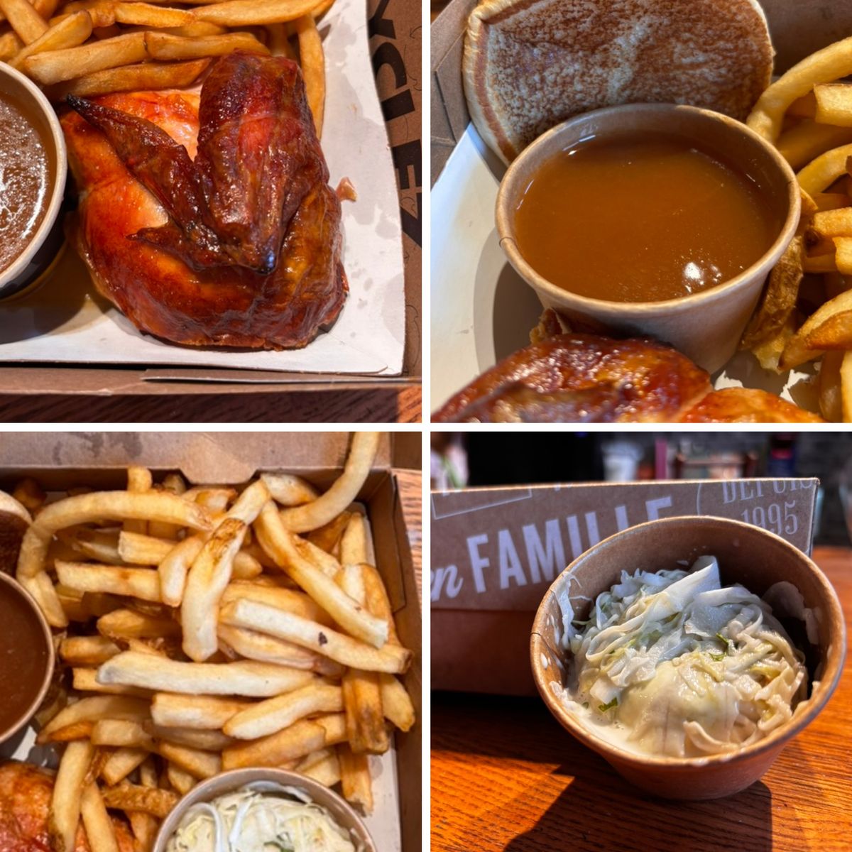 En haut : le poulet du St-Hubert et la sauce de Benny et Au Coq. En bas : les frites et la salade du Scores.\u200b