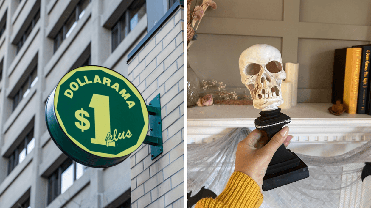 Enseigne d'un Dollarama. Droite : Un crâne décoratif.