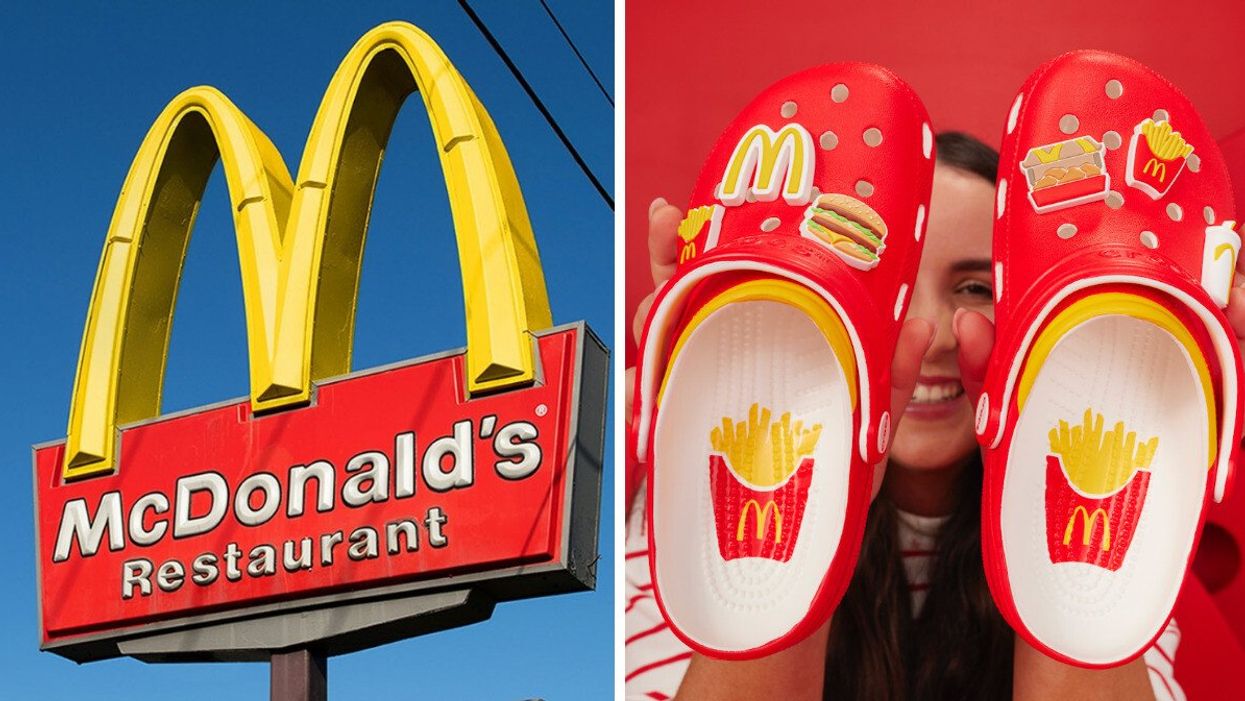Enseigne d'un restaurant McDonald's. Droite: Les crocs McDonald's rouge et jaune décorés de frites.