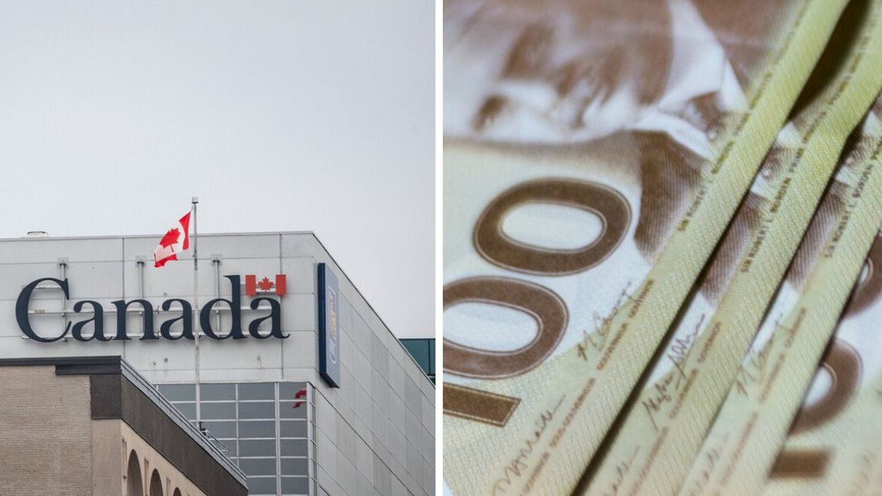 Enseigne du Gouvernement du Canada avec un drapeau canadien sur un édifice public. Droite : Des billets de 100 $.