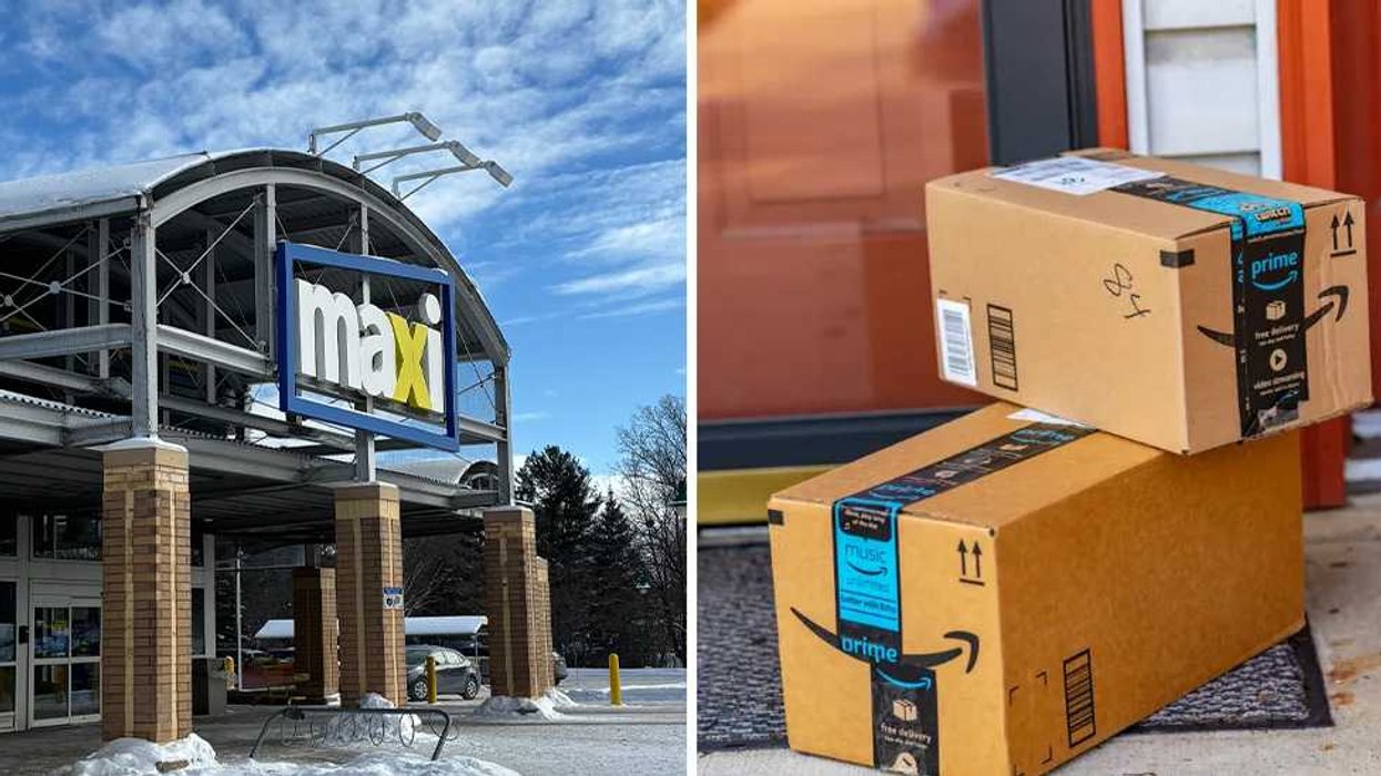 Enseigne du Maxi. Droite : Boîtes Amazon.