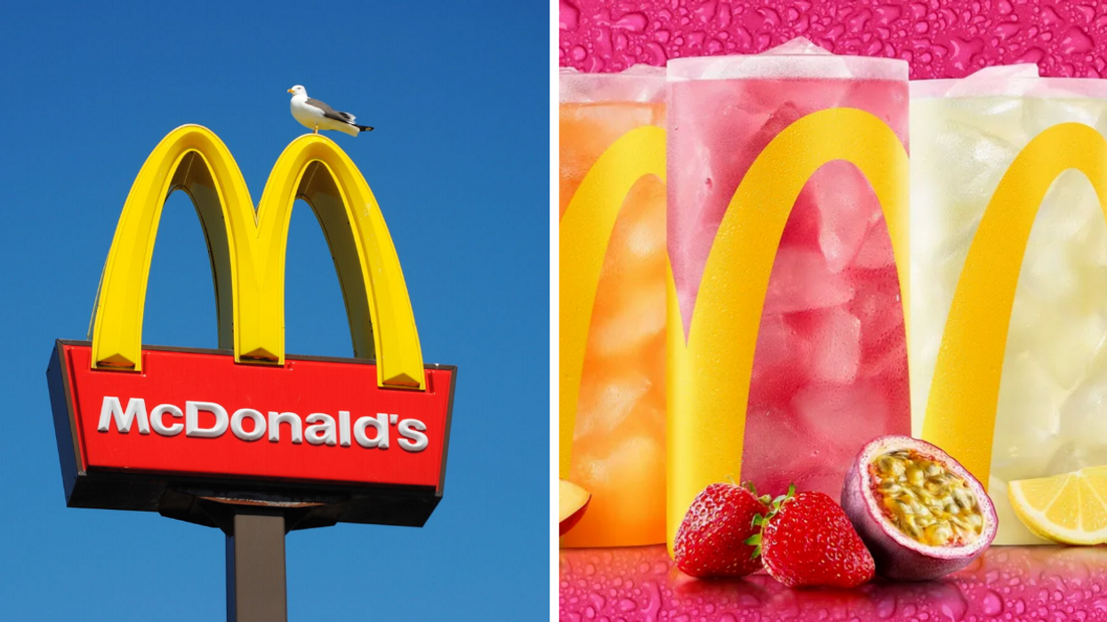 Enseigne McDo. Droite : Nouvelles boissons.