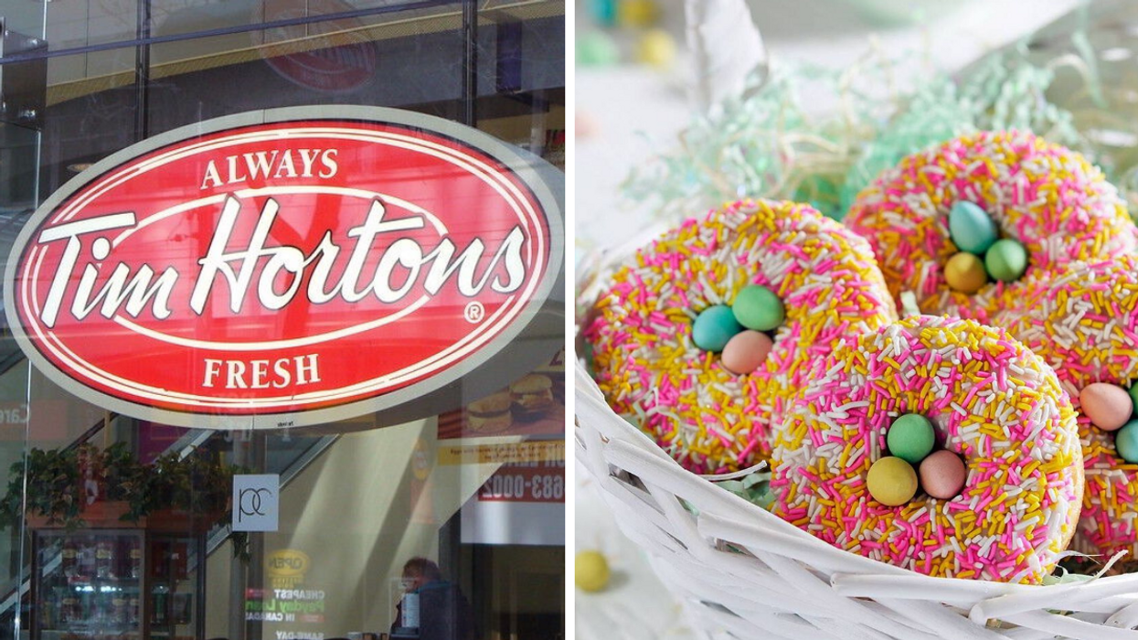 Enseigne Tim Hortons. Droite : Beigne aux minis oeufs.
