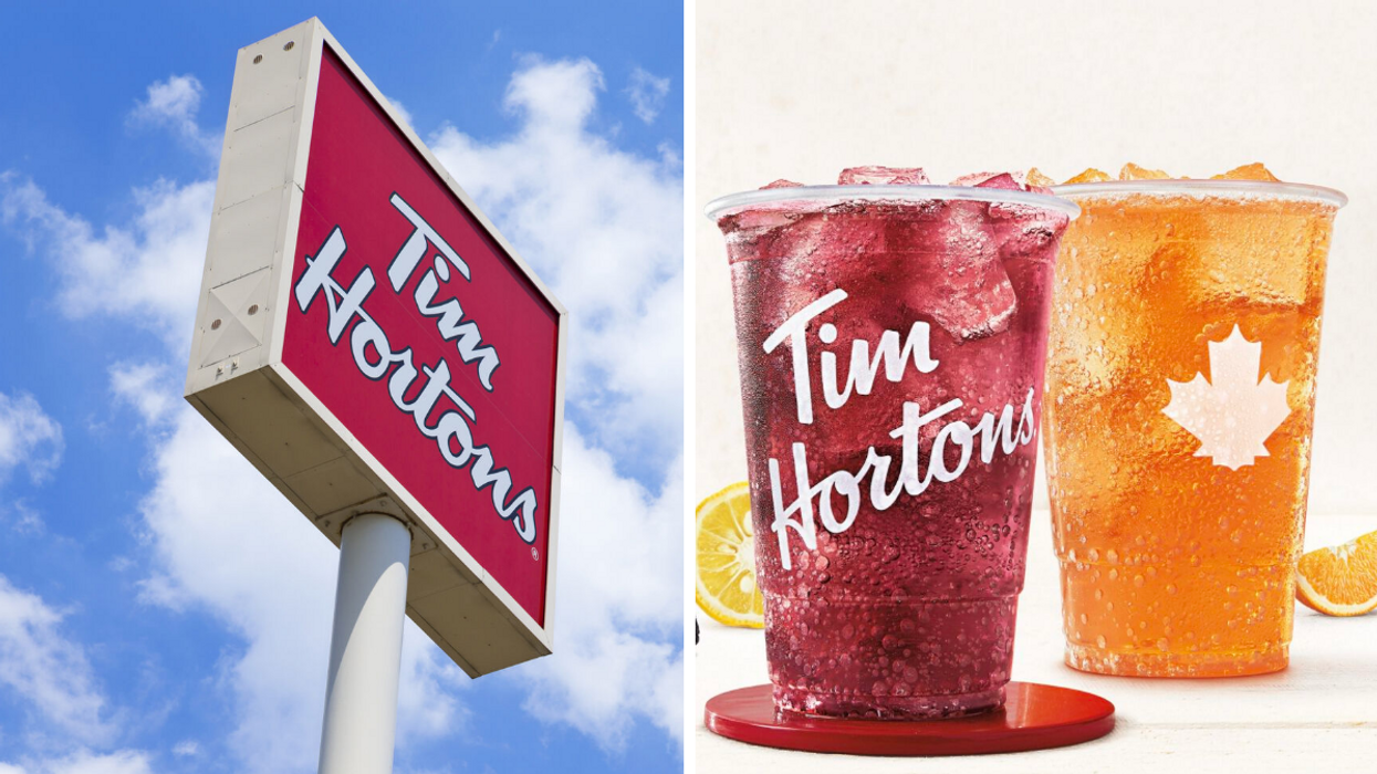 Enseigne Tim Hortons. Droite : Nouvelles boissons RafraîchiTim.