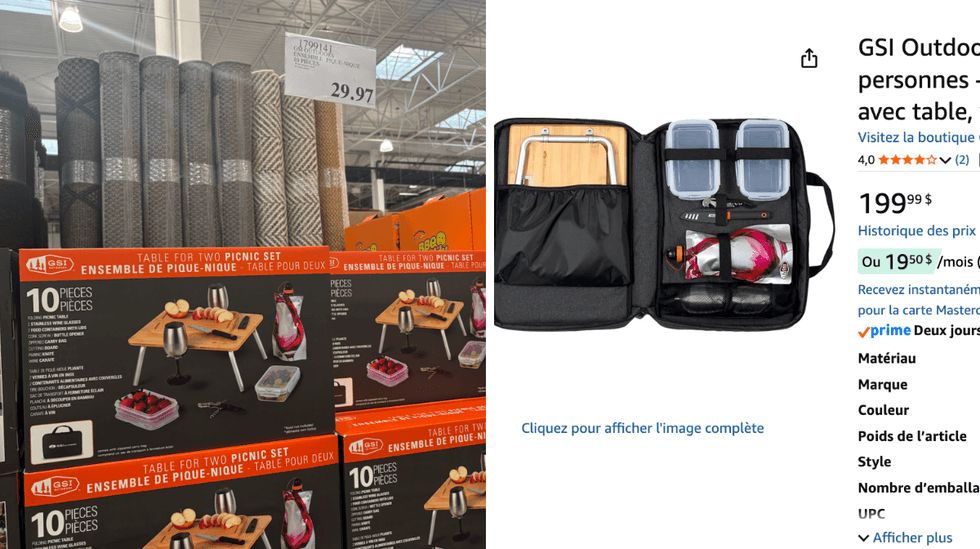 Ensemble de pique-nique GSI Outdoors pour deux personnes aper\u00e7u au Costco. Droite : Le m\u00eame produit sur Amazon.