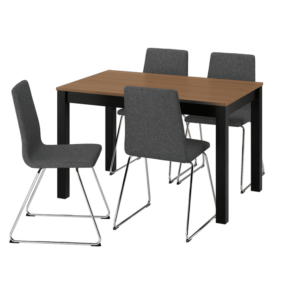 Ensemble de salle \u00e0 manger \u00c5LHULT / LILL\u00c5N\u00c4S d'IKEA avec table noire et brun-noir et quatre chaises gris fonc\u00e9.