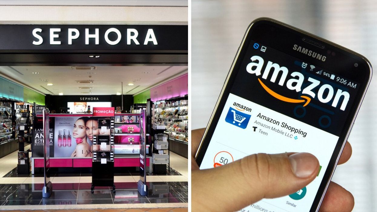 Entrée d'un Sephora dans un centre commercial. Droite : Main qui tient un cellulaire affichant la plateforme Amazon.