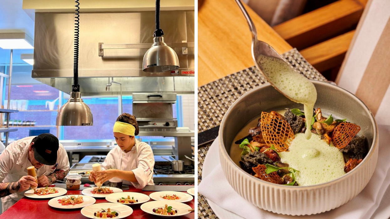 Équipe travaillant en cuisine. Droite : Escargot, royale d'ail, champignons sauvages, émulsion au persil plat.