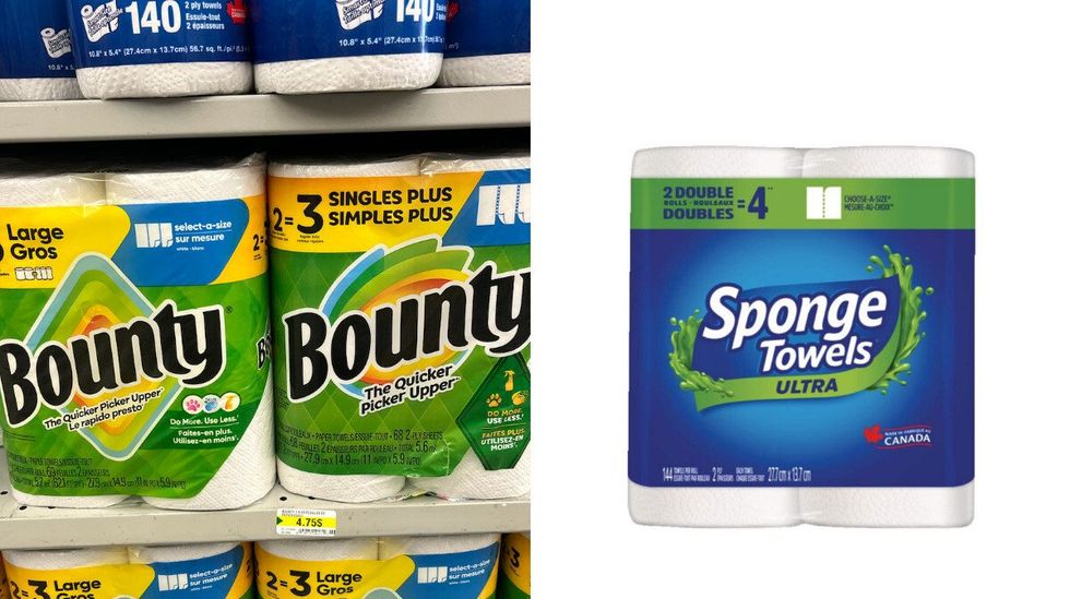 Essuie-tout absorbant 2 \u00e9paisseurs, 2 rouleaux doubles de Bounty. Droite : Essuie-tout absorbant 2 \u00e9paisseurs, 2 rouleaux doubles de Sponge Towels.